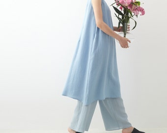23422---Vestido sin mangas de lino azul bebé, vestido de lino tipo camiseta, vestido de lino de verano, vestido de lino corte A, vestido de lino corte trapecio, vestido de talla grande