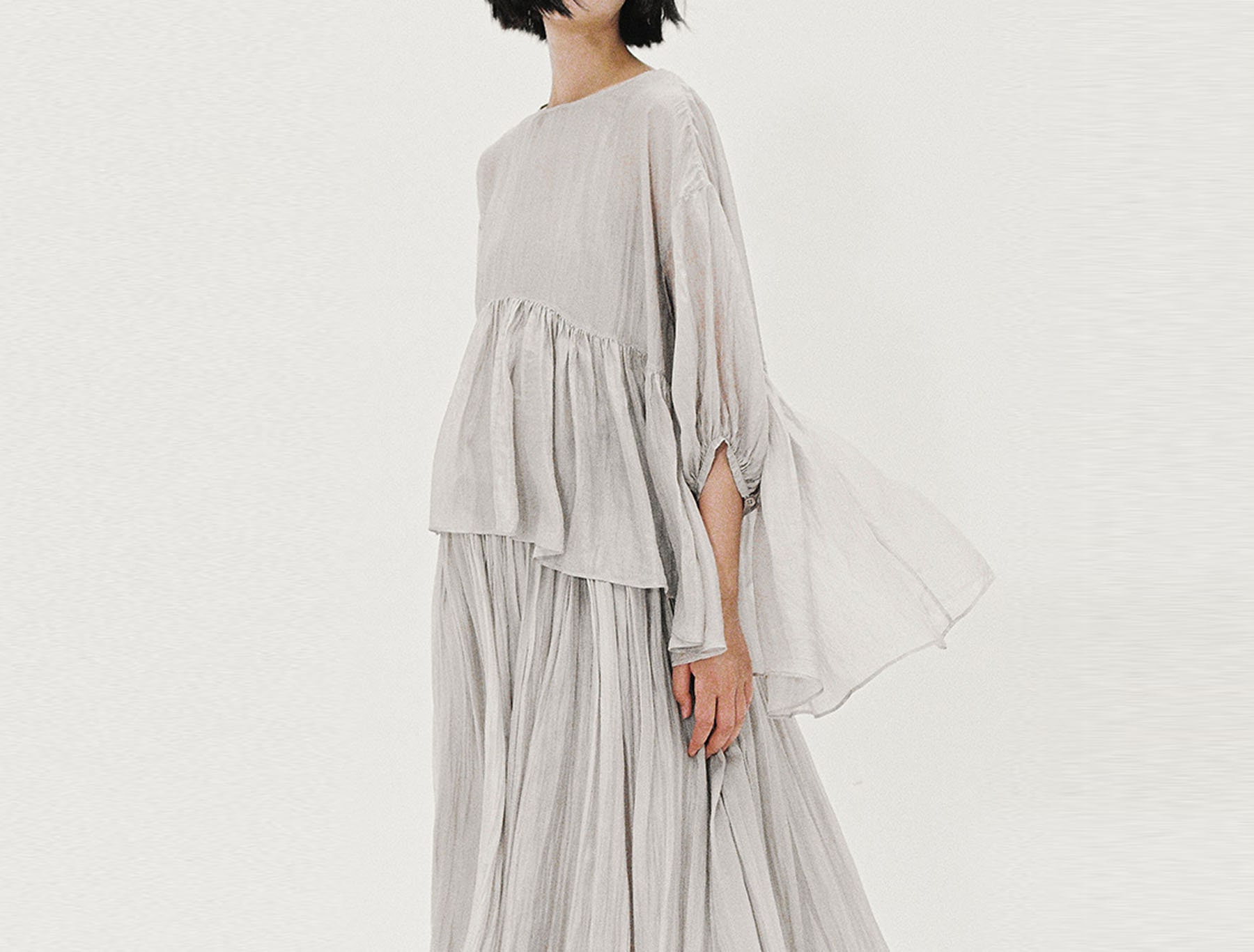 23301--Silk Chiffon Gathered Layered Top, 3/4 sleeves Silk Chiffon Blouse, Handmade by OOZZ