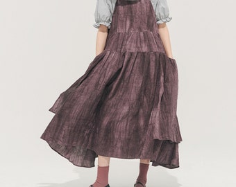 22410---Women's Crinkled Fried Dyed / Pigment Dyed Linen Tiered Apron Dress in Grape Purple Color, Plus Size, Maternity, Made by OOZZ