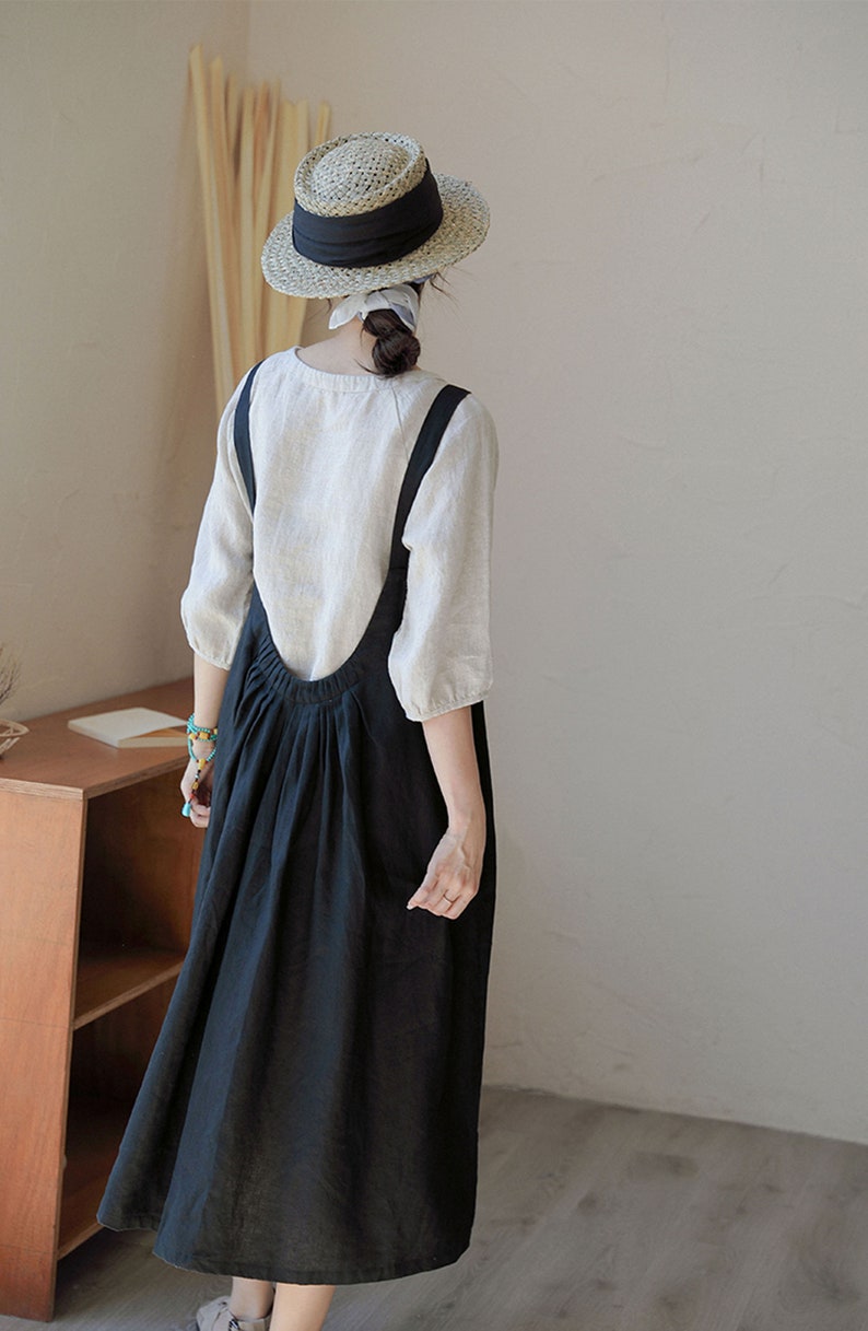 23222Women's Linen Pleated Overall Dress, Pinafore Dress in Black, Women's Summer Linen Apron Dress, Handmade by OOZZ image 6