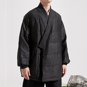 22331---Men's Cracked Mud Silk Down Hanfu Coat, Gambiered Silk Down Jacket, Handmade by OOZZ