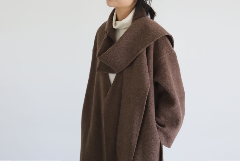 22159Multi-way Double-faced Alpaca Coat with Detachable Collar, Deep V-neck Premium Wool Coat, Women's Brown Winter Wool Coat image 2