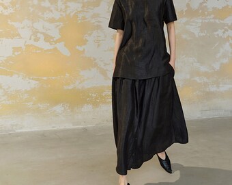 23807---Cracked Mud Silk Basic Tee, Canton Silk Summer Top, Black Gambiered Silk T, Made to Measure.