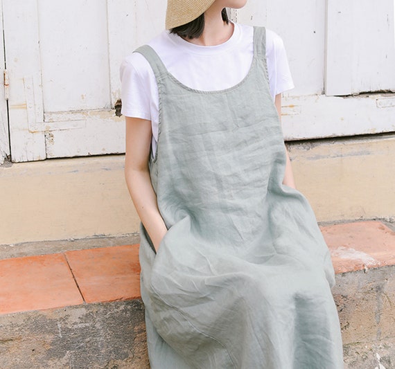 23222women s Linen Pleated Overall Dress Pinafore Dress in Sage Green Women s Summer Linen Apron Dress Handmade by OOZZ Etsy UK