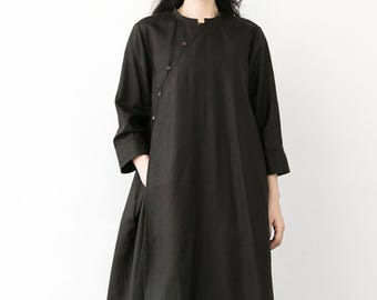 22907---Modified Mud Tussah Silk Asymmetric Hem Qipao Dress / 3/4 Sleeves Cheongsam Dress / Chinse Dress, Handmade by OOZZ