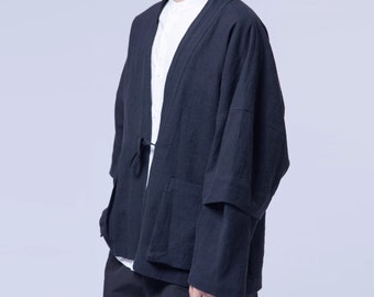 22511---Men's Black Linen Cotton Blend Kimono Jacket with Detachable Sleeves, Loose Minimalist Linen Artist Coat, Gift For Him, S, M, L,XL