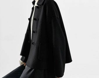 22230---Cappotto cinese in lana double face ondulata in colore nero, giacca invernale in lana da donna, fatto a mano da OOZZ