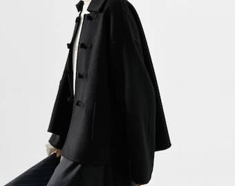 22230---Ripple Double-faced Wool Chinese Coat in Black Color, Women's Winter Wool Jacket, Handmade by OOZZ