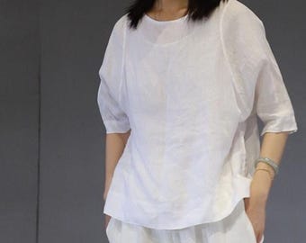 22110---Boatneck Linen Top in White, French Linen Basic Top, Linen Shirt Women, Linen Tee, Linen Tops for Plus Sizes, Linen Blouse