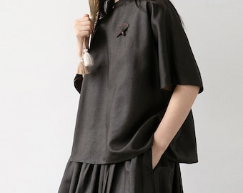 22905---Camiseta de seda Mud Tussah, blusa minimalista de seda, camisa de seda con estampado de gambie, hecha a mano por OOZZ