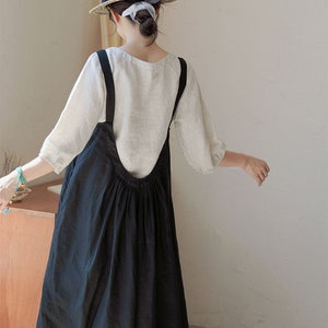 23222Women's Linen Pleated Overall Dress, Pinafore Dress in Black, Women's Summer Linen Apron Dress, Handmade by OOZZ image 4