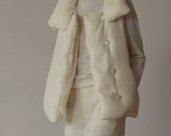 23911---Silk Velvet High Collar Down Vest in Cream White, Cozy Puffy Vest / Puffer vest, Winter Short Quilted Down Vest, Handmade by OOZZ