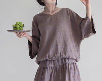 24610---Qualitäts Vorgewaschene Französische Garngefärbte Leinen Bluse Mit V-Ausschnitt in Braun, Oversized Leinen Tunika Top, Plus Größe Leinen Pullover Shirt