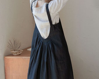 23222---Women's Linen Pleated Overall Dress, Pinafore Dress in Black, Women's Summer Linen Apron Dress, Handmade by OOZZ