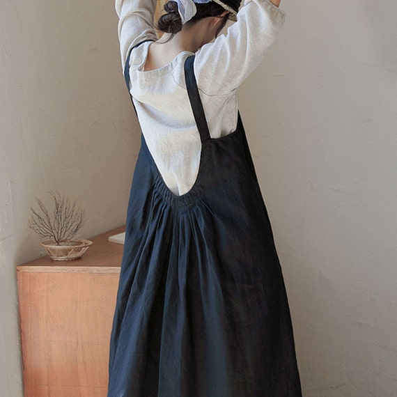 23222women s Linen Pleated Overall Dress Pinafore Dress in Black Women s Summer Linen Apron Dress Handmade by OOZZ Etsy UK