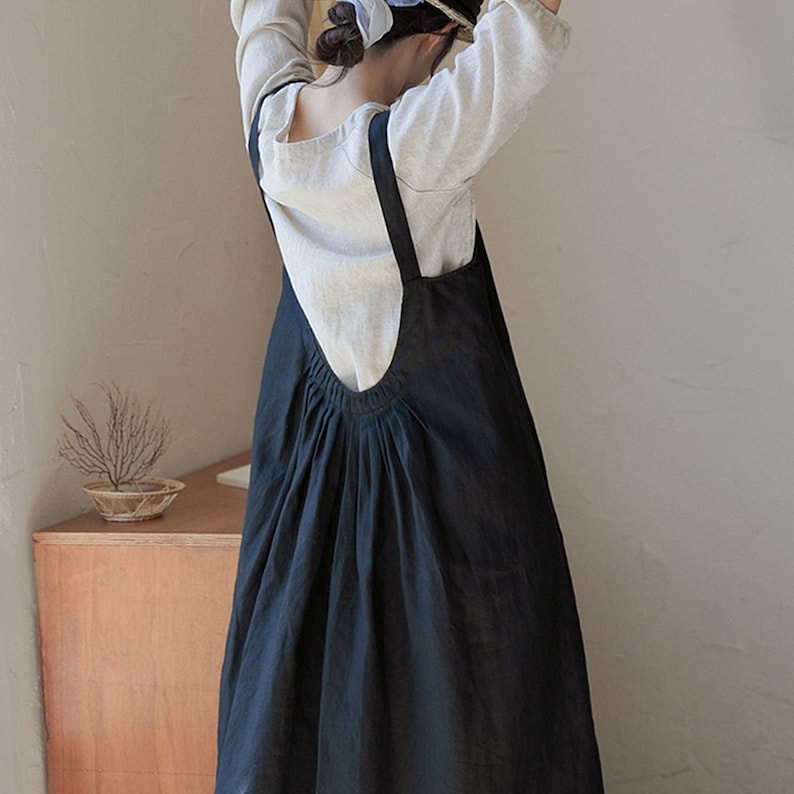 23222Women's Linen Pleated Overall Dress, Pinafore Dress in Black, Women's Summer Linen Apron Dress, Handmade by OOZZ Black