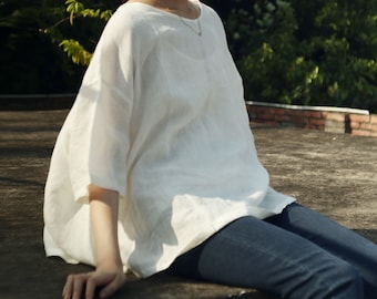 22112---Linen Trapeze Blouse in Off White Color, Summer A-line Linen Tee, T-shirt, One Size Fits Many, Plus Size Linen Top/ OOZZ