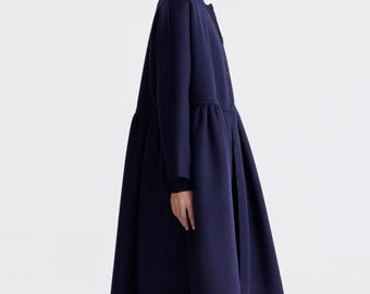 22239---Women's Double-faced Wool Blend Peplum Coat with in Navy Blue Color, Winter Wool Bud Coat, Handmade by OOZZ