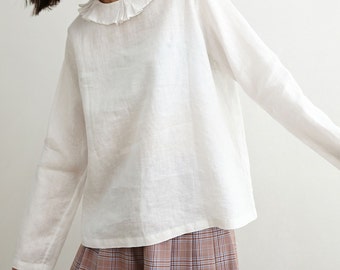 23408---White Linen Top with Pleated Collar, Linen Blouse, Basic Linen Top, Oversized Linen Top, Minimal Linen Blouse