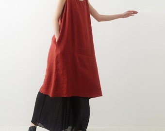 23422---Brick Red Cool Linen Sleeveless Dress, Linen Tank Dress, Linen Sundress, Linen A-line Dress, Linen Trapeze Dress, Plus Size Dress