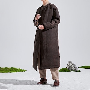 22326---Men's Mud Spinning Silk Down Coat, Gambiered Silk Long Chinese Coat, Handmade by OOZZ