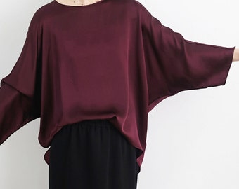 23404---Women's Silk Charmeuse Bat Sleeves Minimal Top in Reddish Purple Color, Made by OOZZ