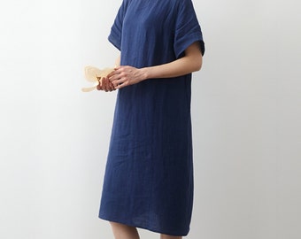 23421---Blue Linen Dress Short Sleeves, Oversized Simple Summer Dress, Loose Linen Summer Dress, Made by OOZZ