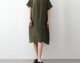 23421---Olive Green Linen Tunic Dress, Linen Summer Dress, MInimal Linen Dress with Pockets, Boho Linen Dress, Everyday Linen Dress.