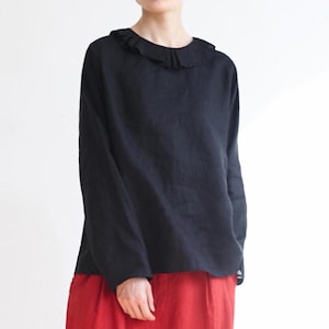 23408---Black Linen Top with Pleated Collar, Linen Blouse, Basic Linen Top, Oversized Linen Top, Minimal Linen Blouse