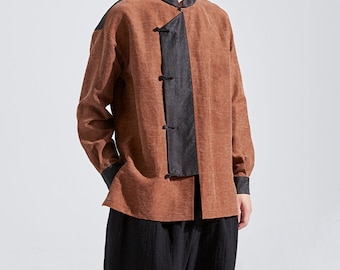 22318---Camisa reversible de manga larga de seda agrietada para hombre, cheongsam de seda con estampado de guepardo, chaqueta china, traje Tang, regalo para él