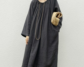 23312---Pintucked Neckline Linen Tunic Dress in Charcoal Gray, Handmade by OOZZ