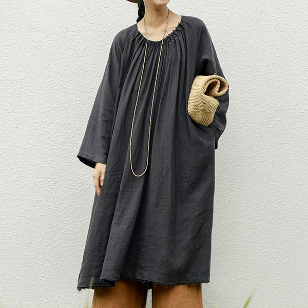 23312---Pintucked Neckline Linen Tunic Dress in Charcoal Gray, Handmade by OOZZ