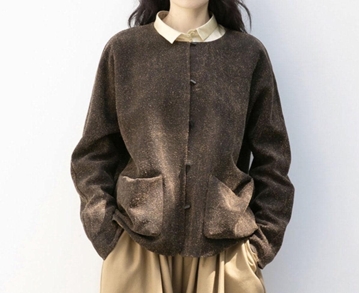 22901---Mud Tussah Silk Blouse, Minimalist Tea Silk Button Placket Shirt, Gambiered Silk Jacket, Handmade by OOZZ
