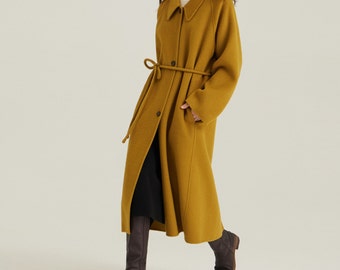 23802---Women's Double-faced Wool A Line Long Coat in Tobacco Yellow, Handmade by OOZZ