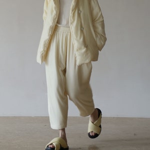 23912---Silk Velvet Crop Pants in Cream White, Women's Winter Grandma's Pants, Silk Velvet Trousers, Handmade by OOZZ