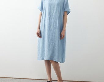 23421---Baby Blue Linen Midi Dress, Round Neck Summer Tunic, Plus Size Linen Clothing For Women, Made by OOZZ