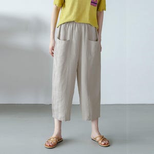 23242--- Women&#39;s Flax Linen 4-pocket Cropped Pants, Linen Lantern Ankle Pants, Linen Full Elastic Loose Causal Pants,