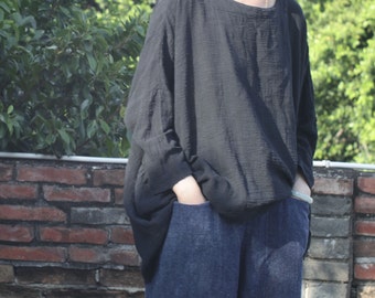 22130---Damen Kaftan Top mit Rundhalsausschnitt, Lockeres Lässiges Sommer Top, Naturfaser Flexible Baumwolle Bademode Kaftan in Schwarz, Handgefertigt von OOZZ