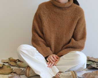 22148---Chunky Hand Knitted Wool Alpaca Blend Turtleneck Sweater, Handmade by OOZZ