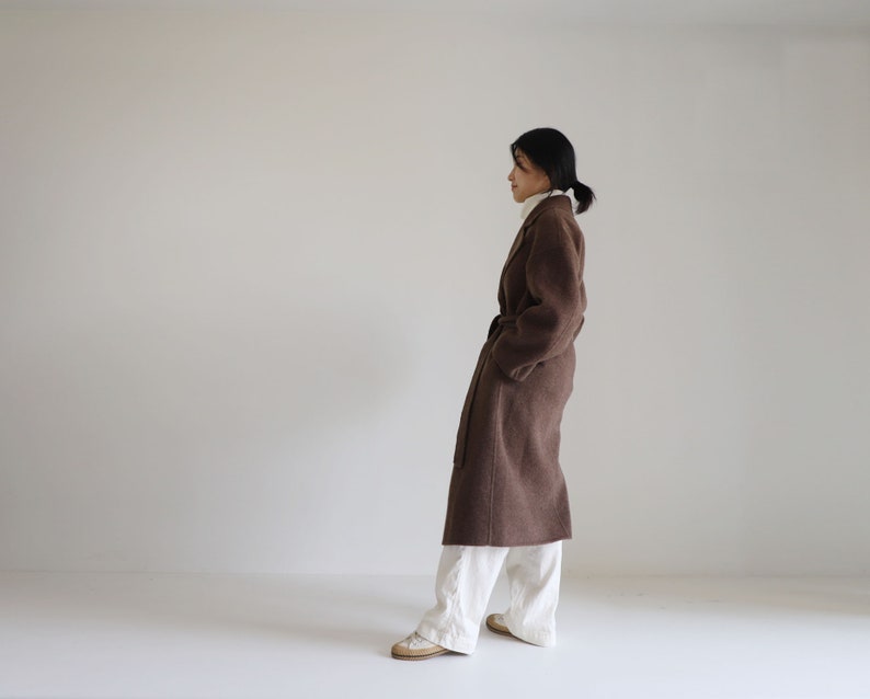 22159Multi-way Double-faced Alpaca Coat with Detachable Collar, Deep V-neck Premium Wool Coat, Women's Brown Winter Wool Coat image 7