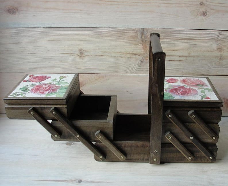 Wooden cantilever sewing box Accordion sewing basket Sewing Etsy