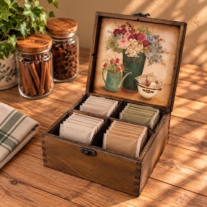 Hand Decorated Wooden Tea Box – Floral Decoupage Organizer (4 Compartments)