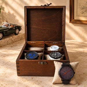 Scatola Porta Orologi in Legno per 4 Orologi – Finitura Noce Scuro