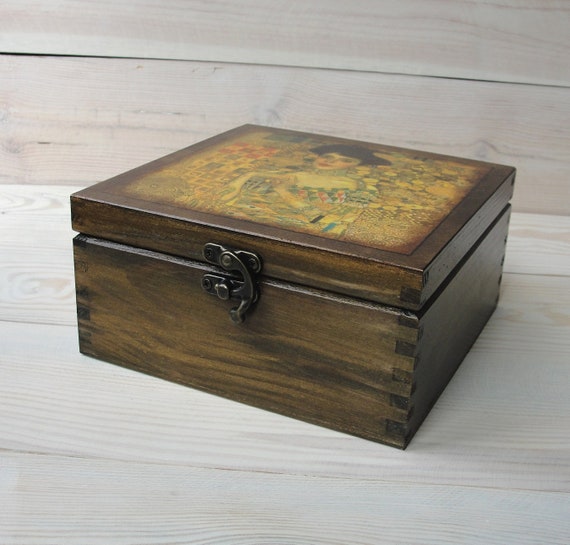 Wooden Tea Box Storage Klimt Caddy Holder Bag Chest Wood Gift Lover