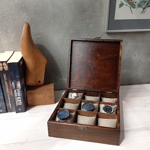 Watch Box for 9 Watches – Wooden Men&#39;s Watch Organizer, Rustic Display Case, Gift for Him, Watch Storage Box