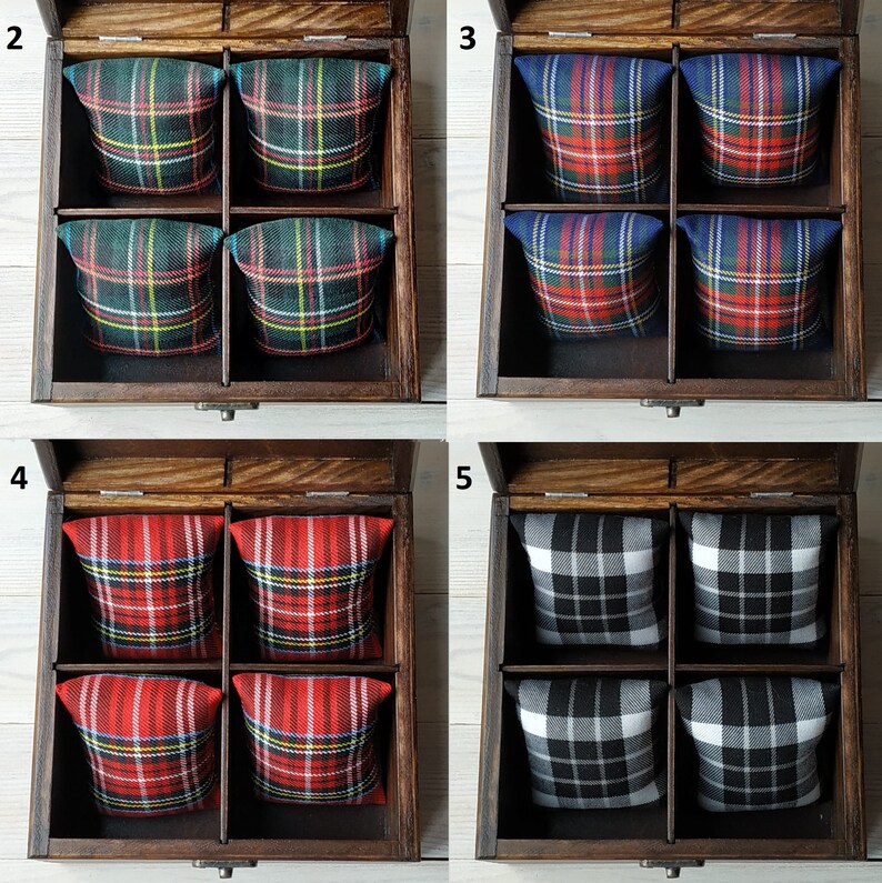 May include: A wooden box with four compartments, each lined with a different plaid fabric. The box is open and the compartments are empty.