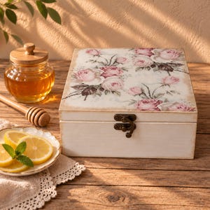 Boîte à thé en bois avec roses – Boîte à sachets de thé 4 compartiments