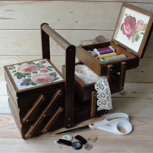 Wooden cantilever sewing box Accordion sewing basket Sewing caddy Jewellery box Craft organizer Thread box Needles box