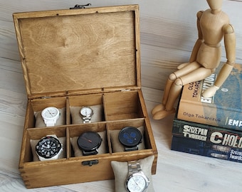 Personalized Wood Watch Box – 6 Slot Organizer with Linen Pillows