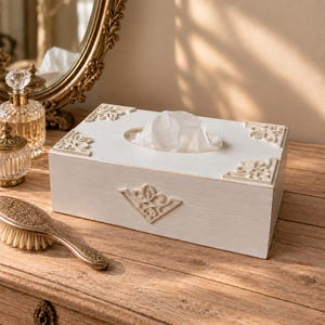 White Wooden Tissue Box Cover – Rectangular Holder with Decorative Ornaments